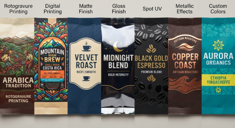 custom coffee bag printing and finishing options