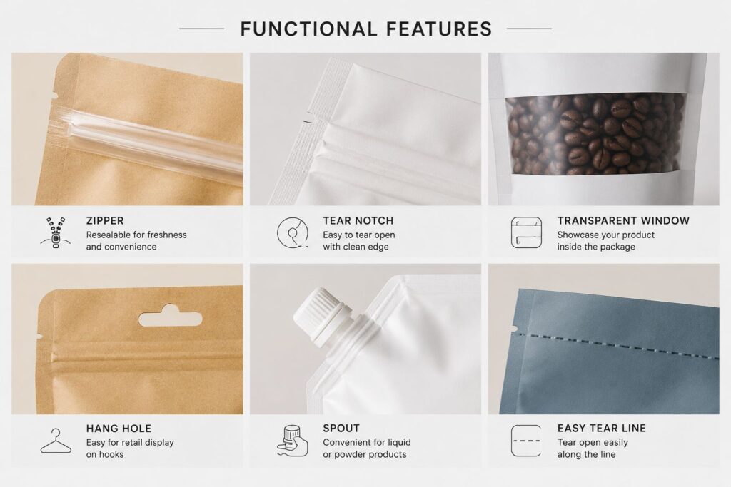 functional features for custom food packaging bags