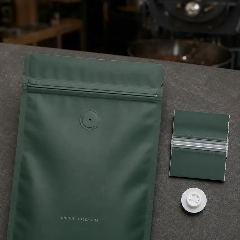 Coffee bag valve zipper and sealing features