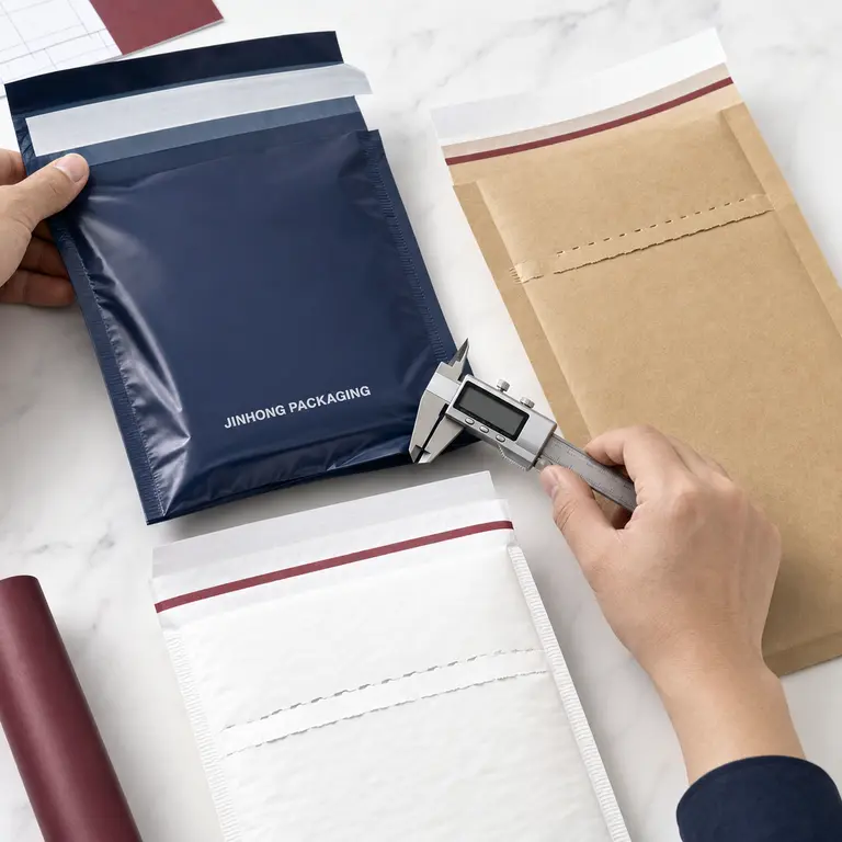 Custom mailer bag materials, adhesive closures and tear strips
