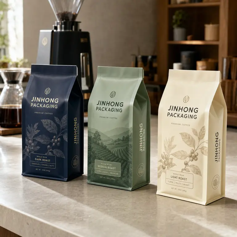 custom flat bottom coffee bags in a roastery setting