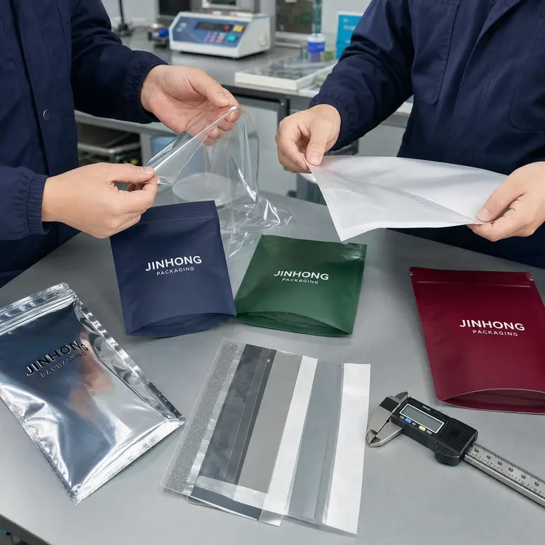 Flexible food packaging barrier films and material samples