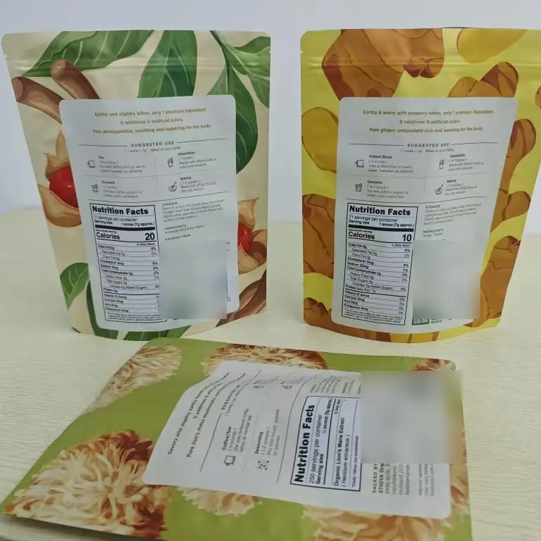 Back panel layout of printed powder pouches with identifying details concealed