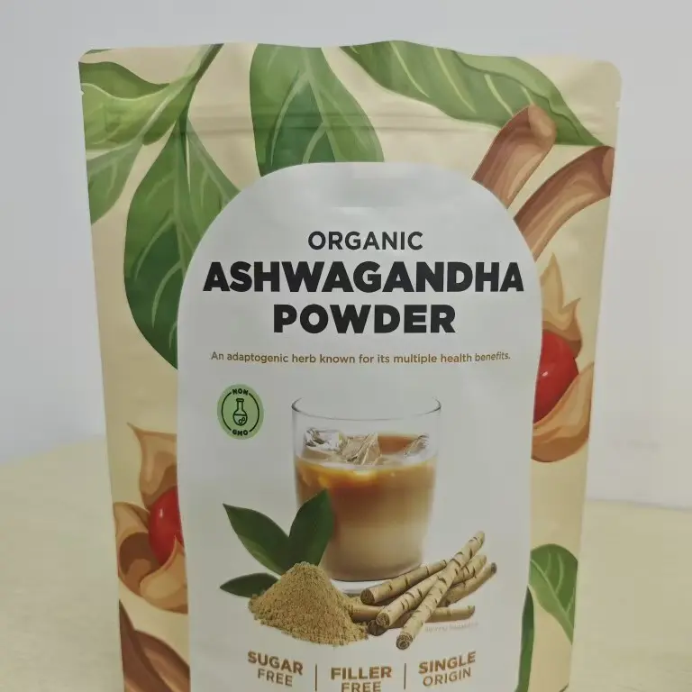 Printed powder pouch front panel with concealed brand details