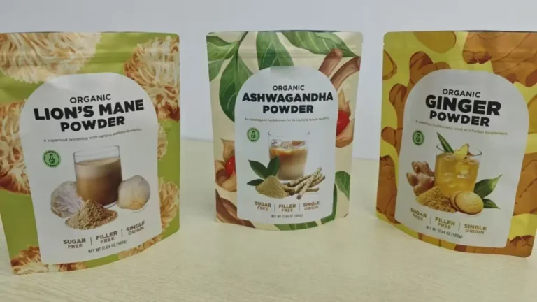 Printed Powder Pouch Production Reference with three coordinated stand-up pouches