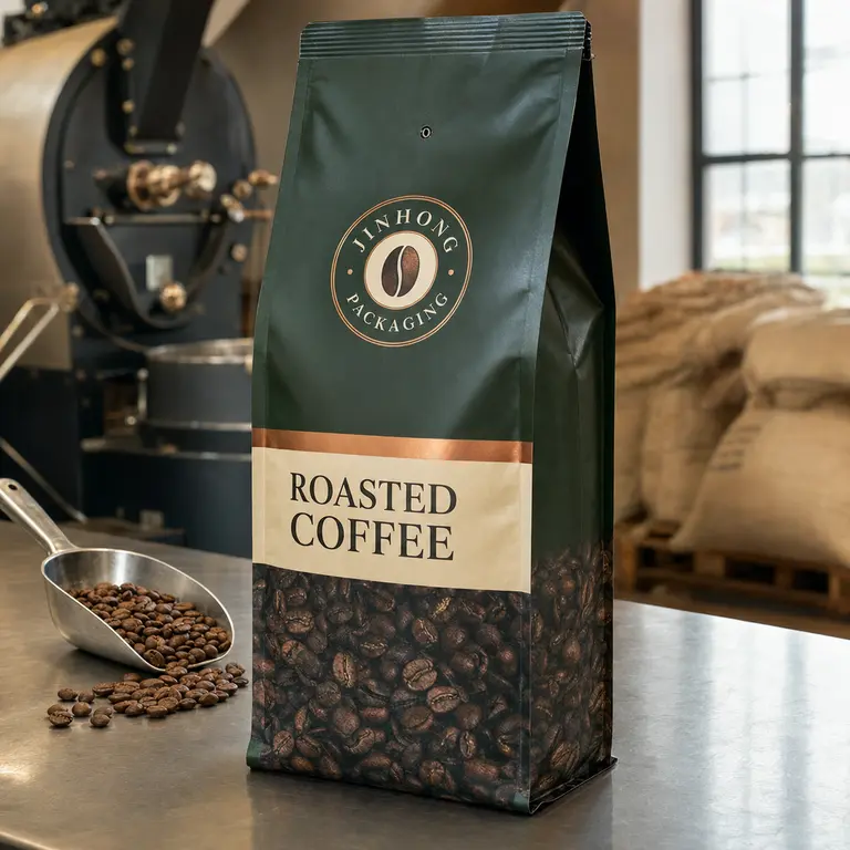 side gusset coffee bags in a coffee roasting workspace