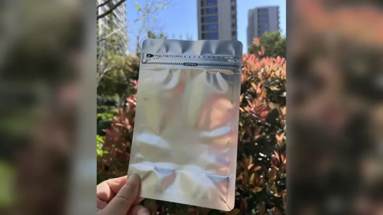 Coffee Pouch Sample Review showing a silver pouch with a degassing valve and resealable zipper