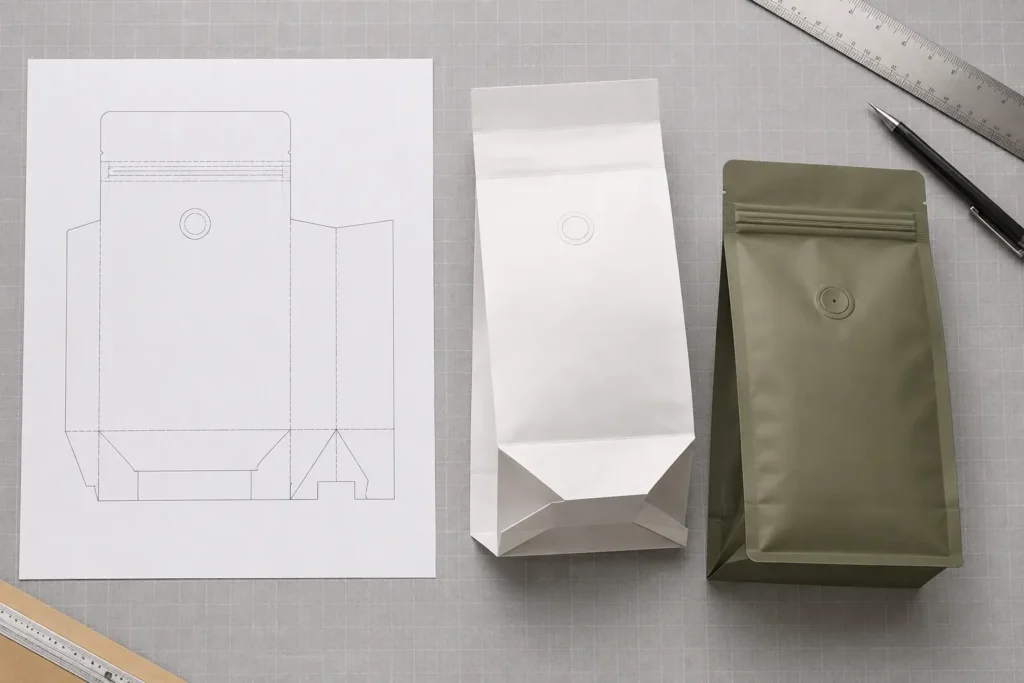 coffee bag dieline folded sample and finished pouch