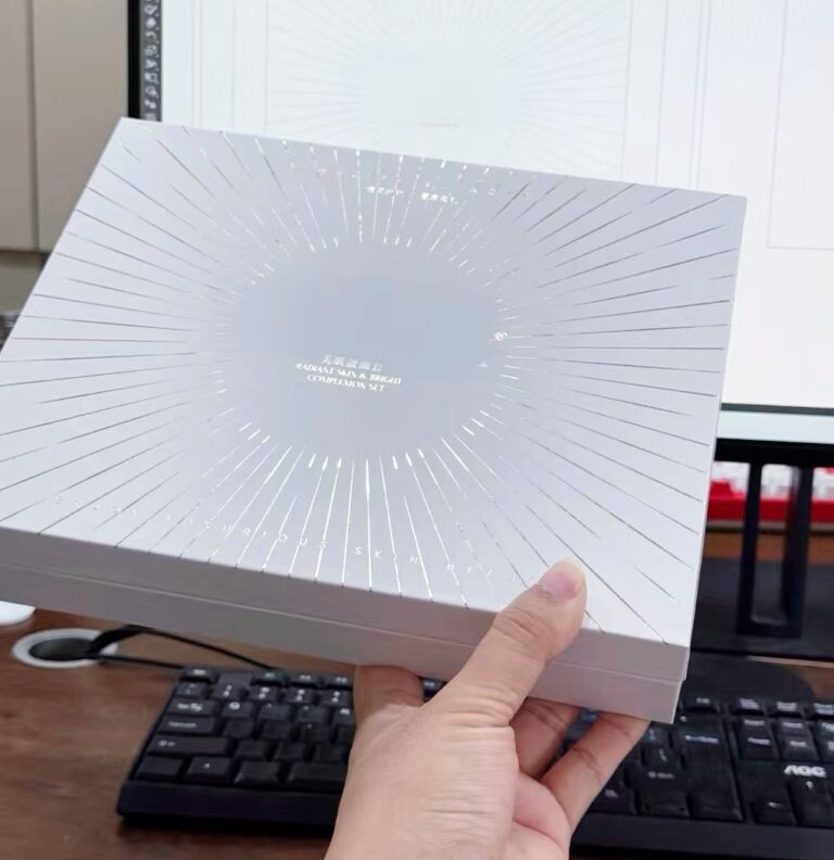 Cosmetic gift box sample review with reflective silver foil finish