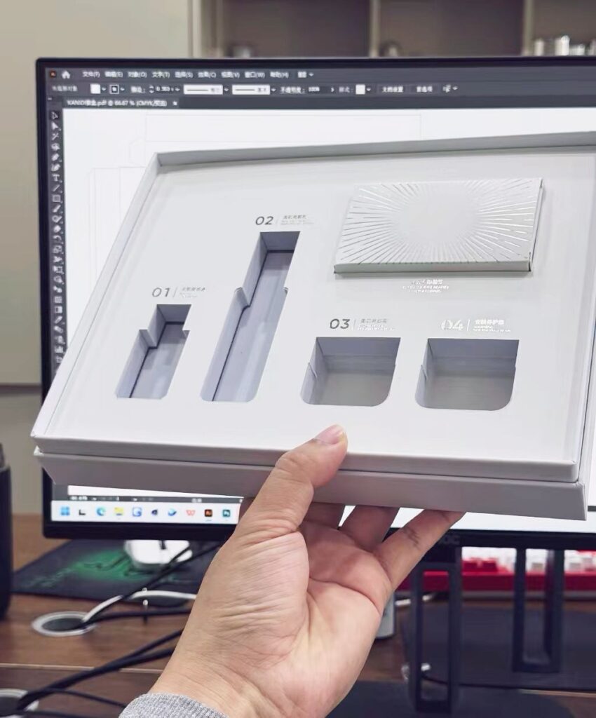Custom insert openings inside a cosmetic gift box sample