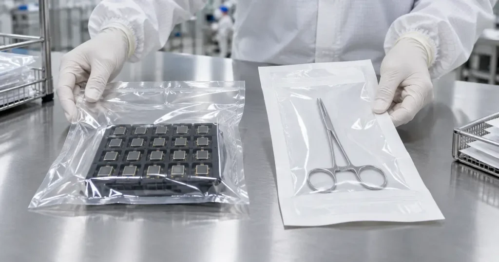 Cleanroom packaging vs sterile packaging comparison with clean electronic components and a medical sterile barrier pouch