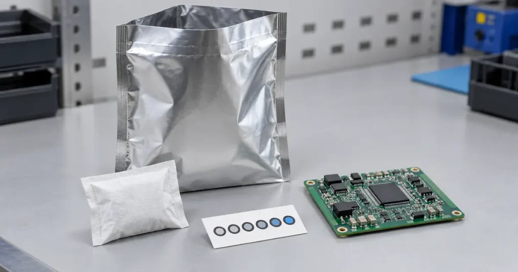 Desiccants and humidity indicator cards with a moisture barrier bag and electronic component