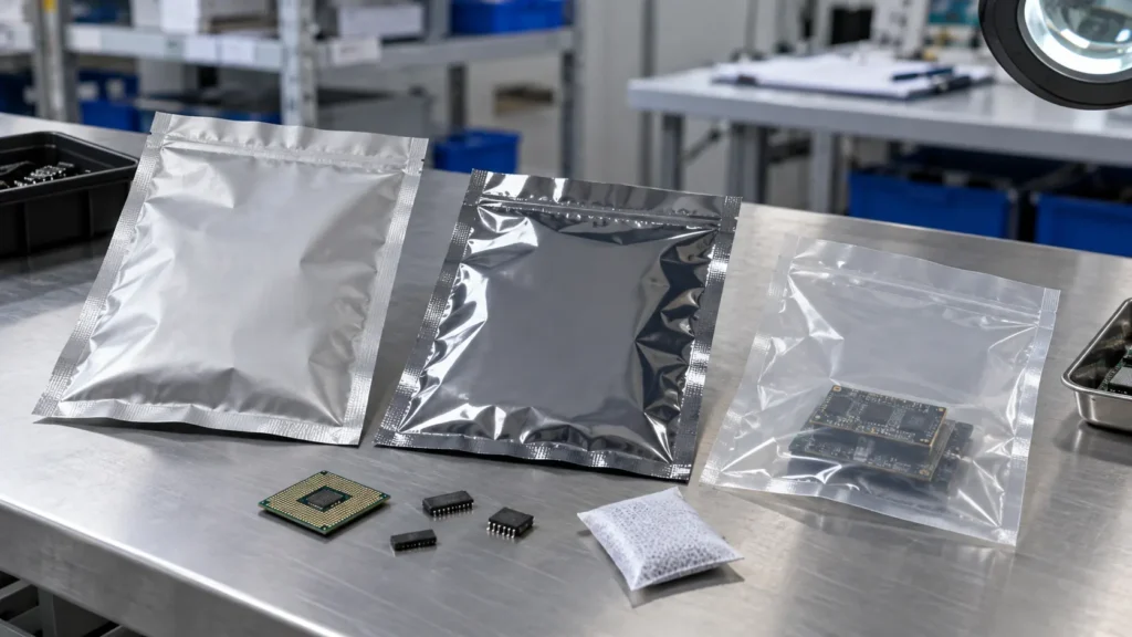 Moisture barrier bag materials including aluminum foil and metallized film