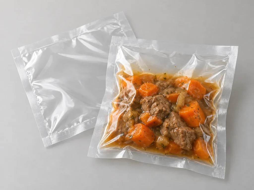 Transparent retort pouches with heat-sealed edges for food packaging