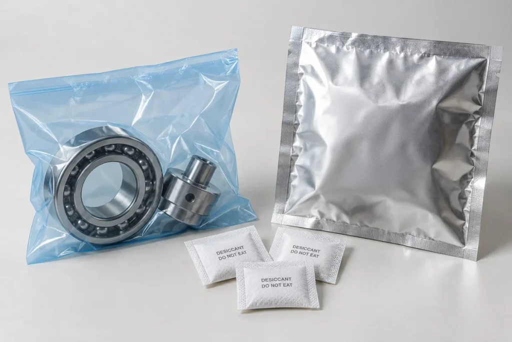 VCI bags vs desiccants and moisture barrier bags for metal parts packaging