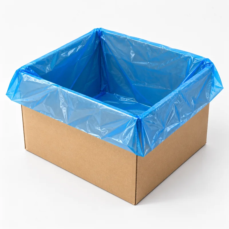 Blue VCI box liner inside a cardboard carton