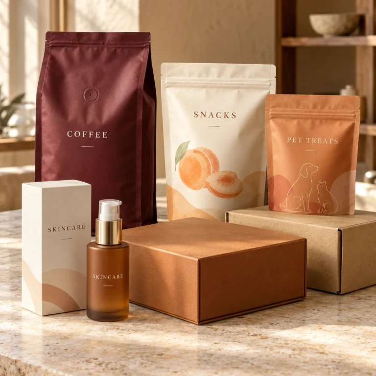 Consumer packaging collection with coffee bags, food pouches, pet treat bags, skincare packaging and boxes