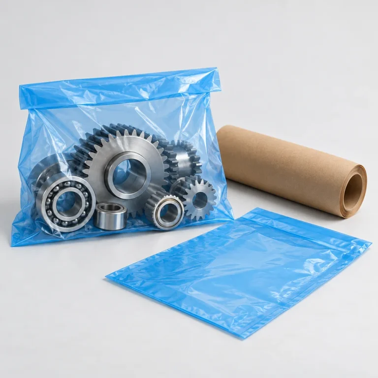 Blue VCI packaging bags with metal gears and bearings beside a kraft paper roll